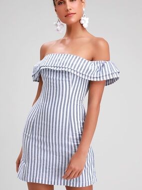 NWT Lulus Seaside Skipper Blue Striped Off-the-Shoulder Mini Dress